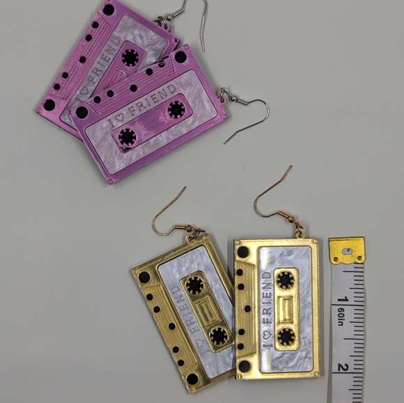 Hot Pink & Neon Acrylic "I ❤️ Friends" Cassette Tape Earrings (Set) - Picture 3 of 4